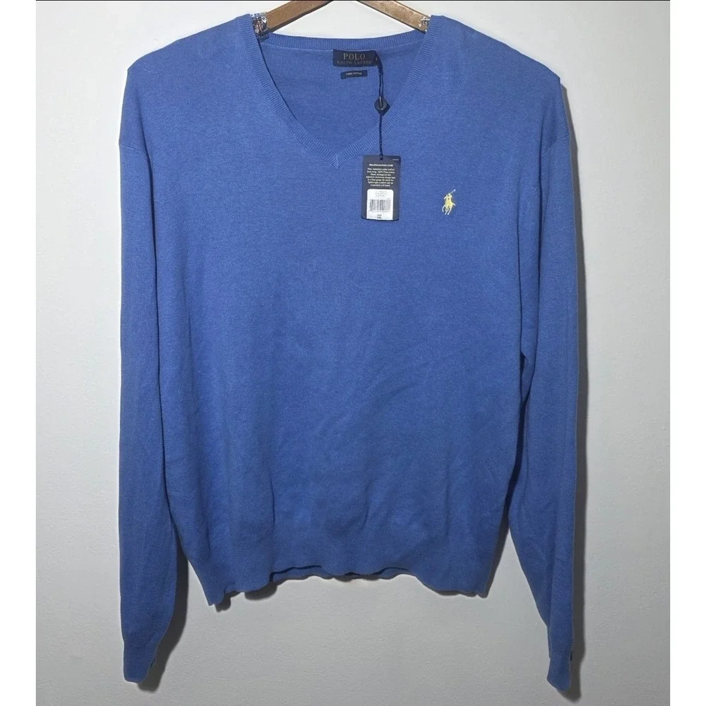 Polo Ralph Lauren Pima‎ Cotton V Neck Sweater Mens XXL Long Sleeves Pale Royal